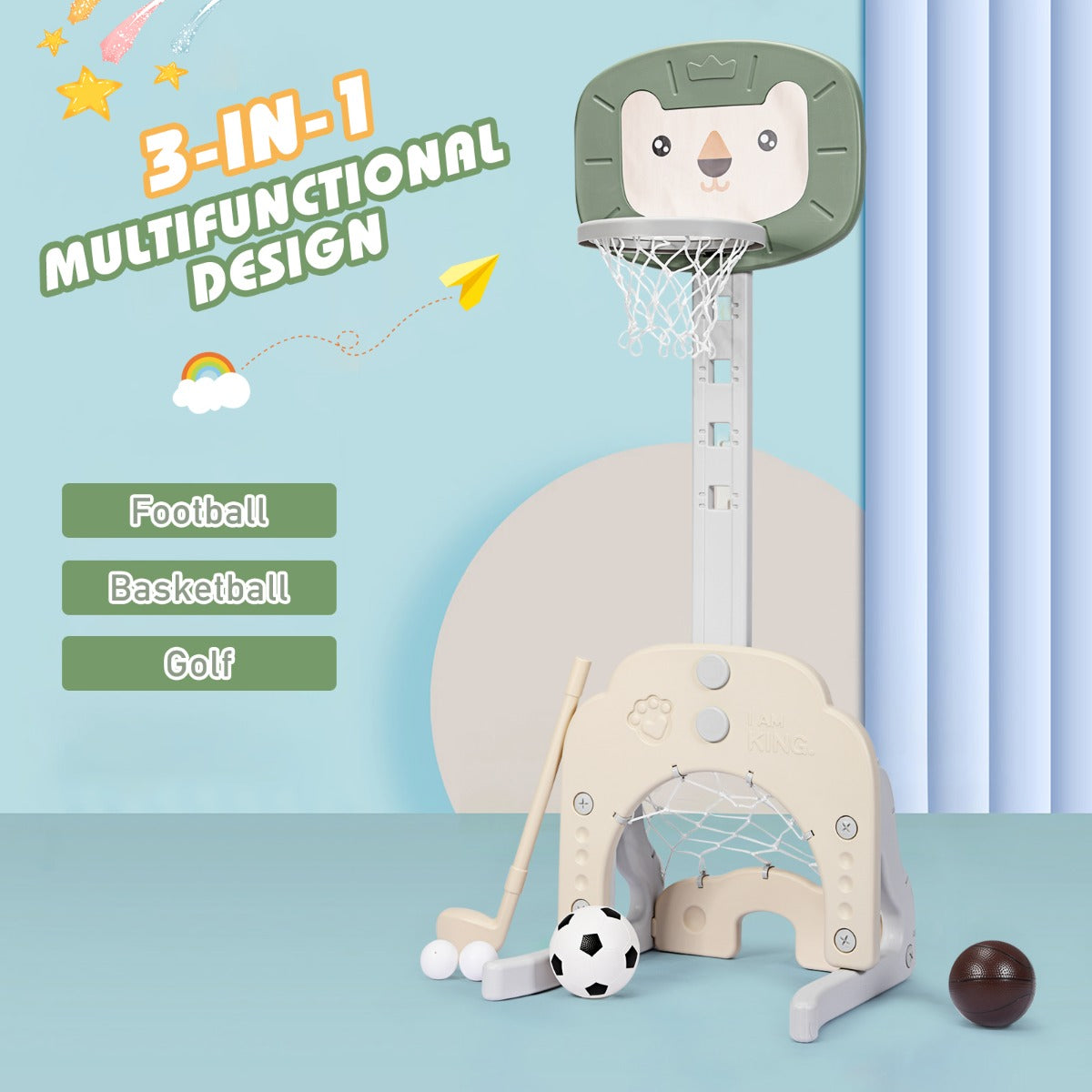 NNECW 3-In-1 Children's Playground with Height-Adjustable Basketball Stand Green